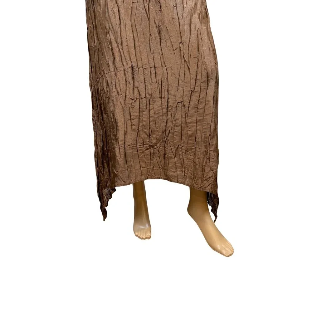 Marina Rinaldi Brown Textured Pleated 2-Piece Set Long Sleeve Shirt & Maxi Skirt